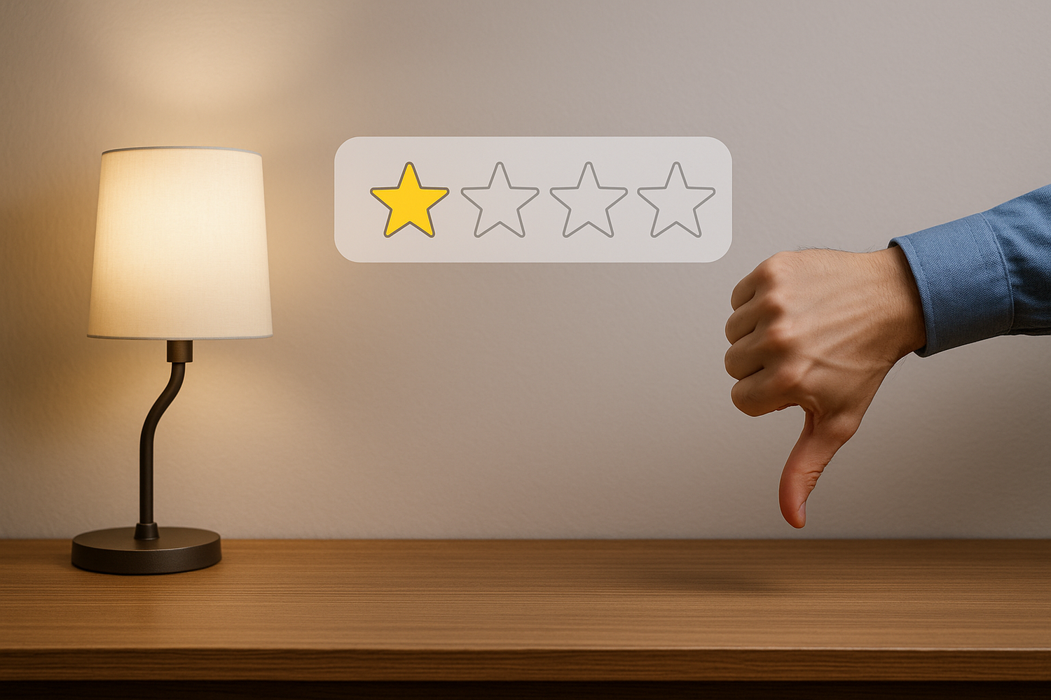 a 2 star rating with a lamp on a desk and a human thumbs dowm on the right